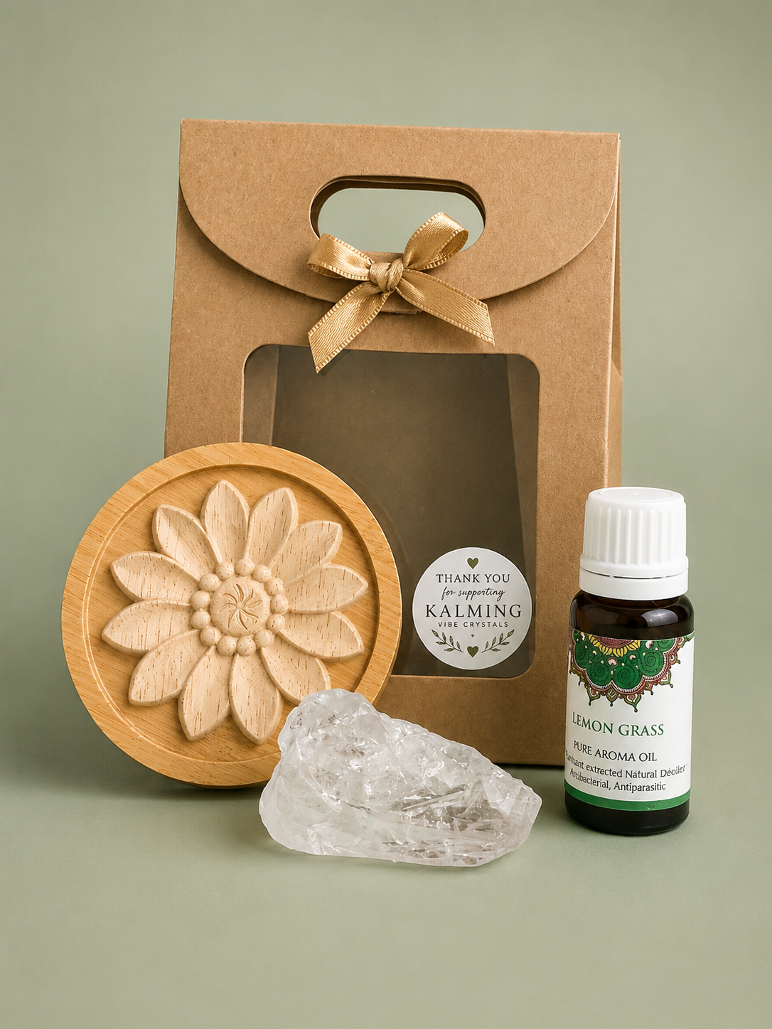 Wooden Flower Oil Diffuser Gift Set – Lemongrass & Clear Quartz