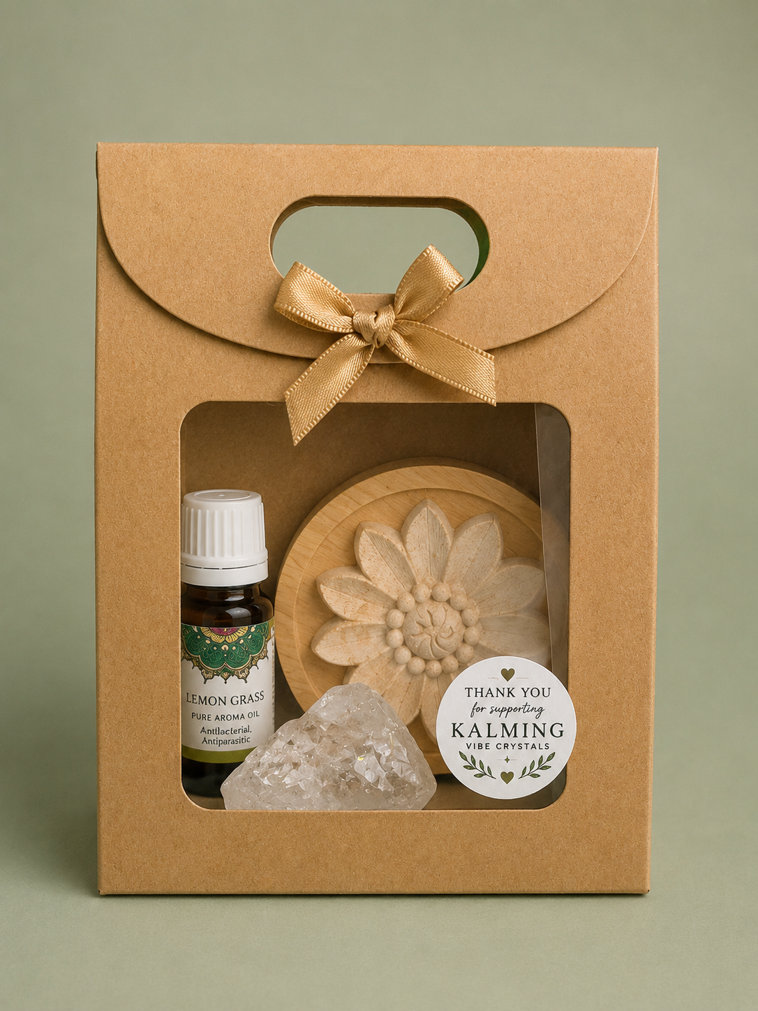 Wooden Flower Oil Diffuser Gift Set – Lemongrass & Clear Quartz