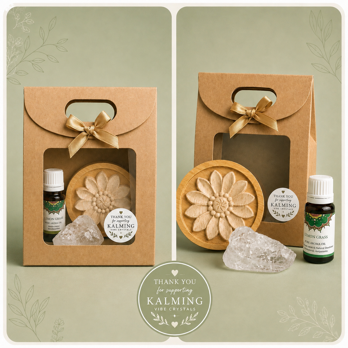 Wooden Flower Oil Diffuser Gift Set – Lemongrass & Clear Quartz