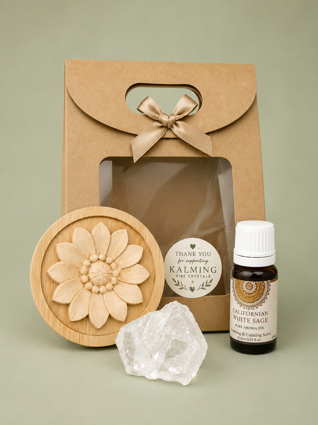 Wooden Flower Oil Diffuser Gift Set – California White Sage & Clear Quartz