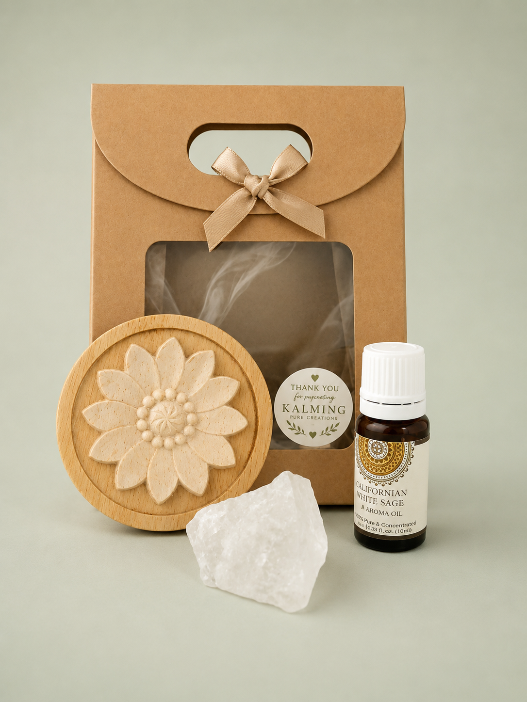 Wooden Flower Oil Diffuser Gift Set – California White Sage & Clear Quartz