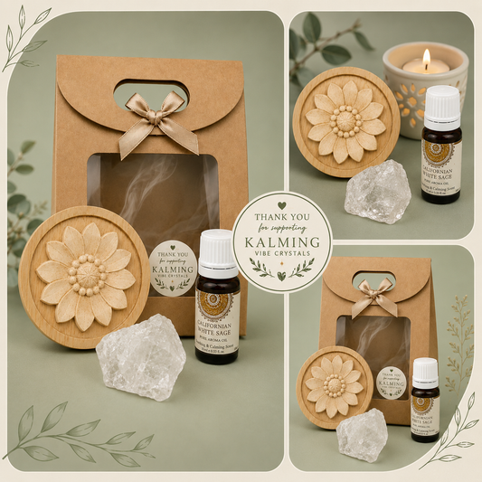 Wooden Flower Oil Diffuser Gift Set – California White Sage & Clear Quartz