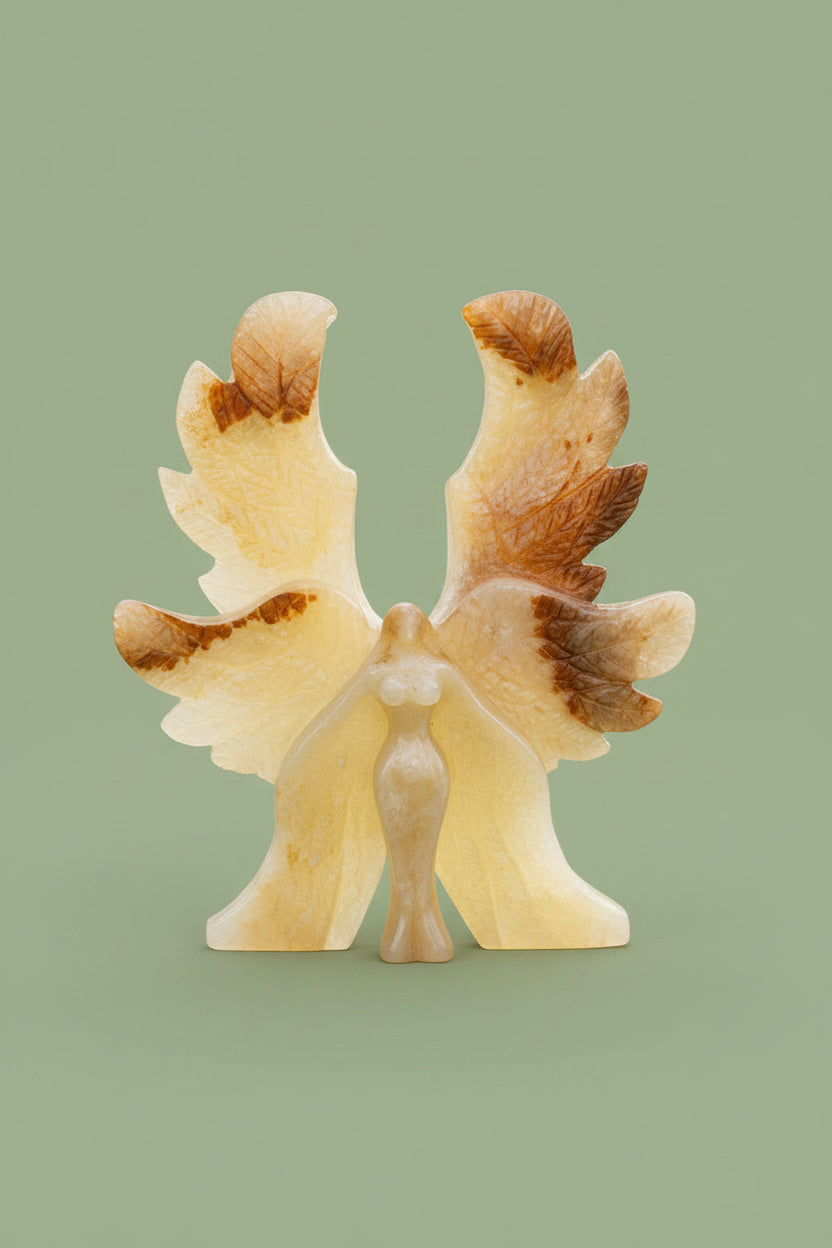 A small decorative angel figurine with cream-colored wings and brown tips, standing on green grass in an outdoor park setting.