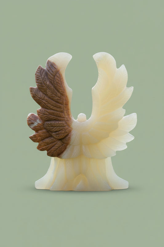 A small angel wing garden statue made of cream-colored resin with one wing in warm brown, standing on green grass in an outdoor garden setting.