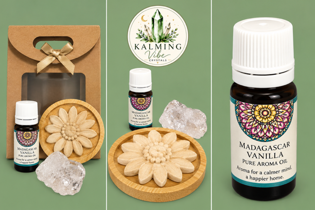 Wooden Flower Oil Diffuser Gift Set – Madagascar Vanilla & Clear Quartz
