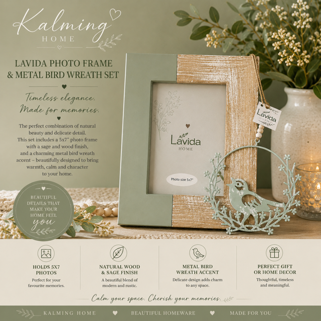 Rustic Photo Frame 5 x 7 and Metal Bird Wreath - Set